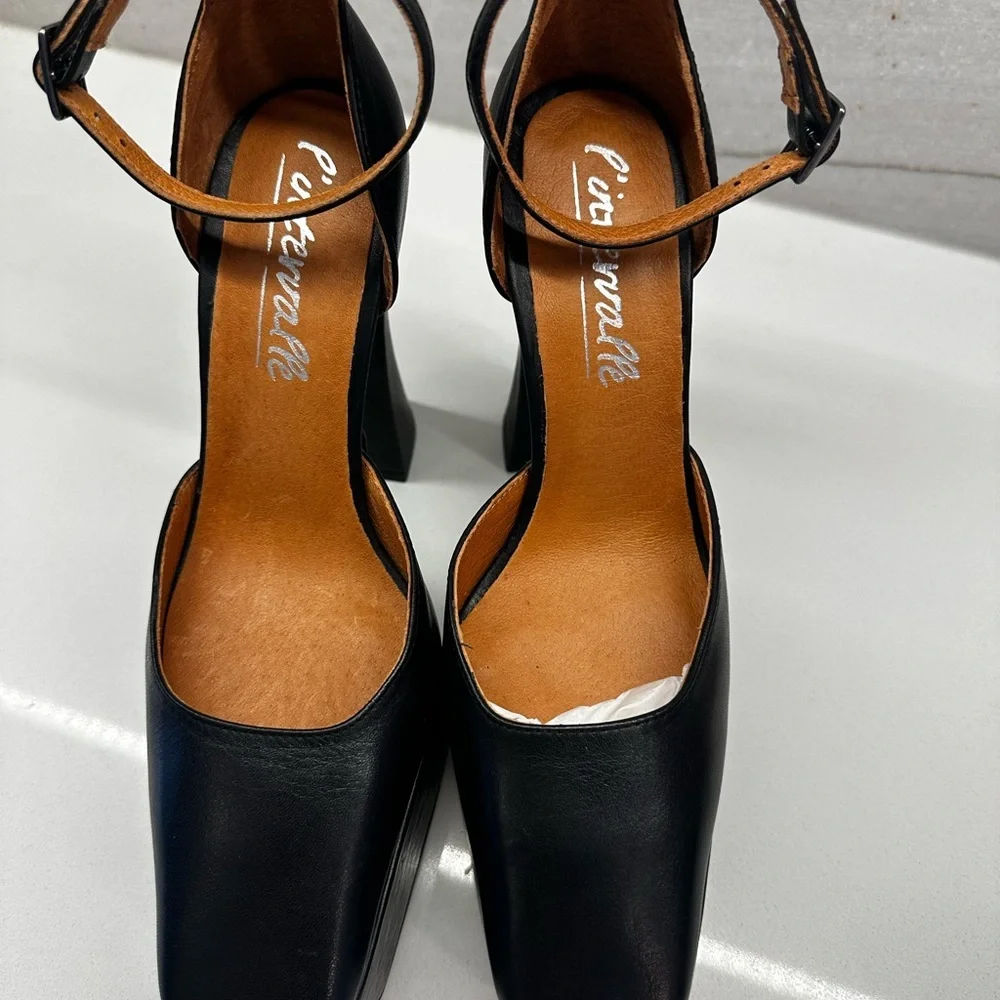 L'INTERVALLE Cabaret Black Leather Platform Shoes Block Heels square toe size 37 - Picture 6 of 13